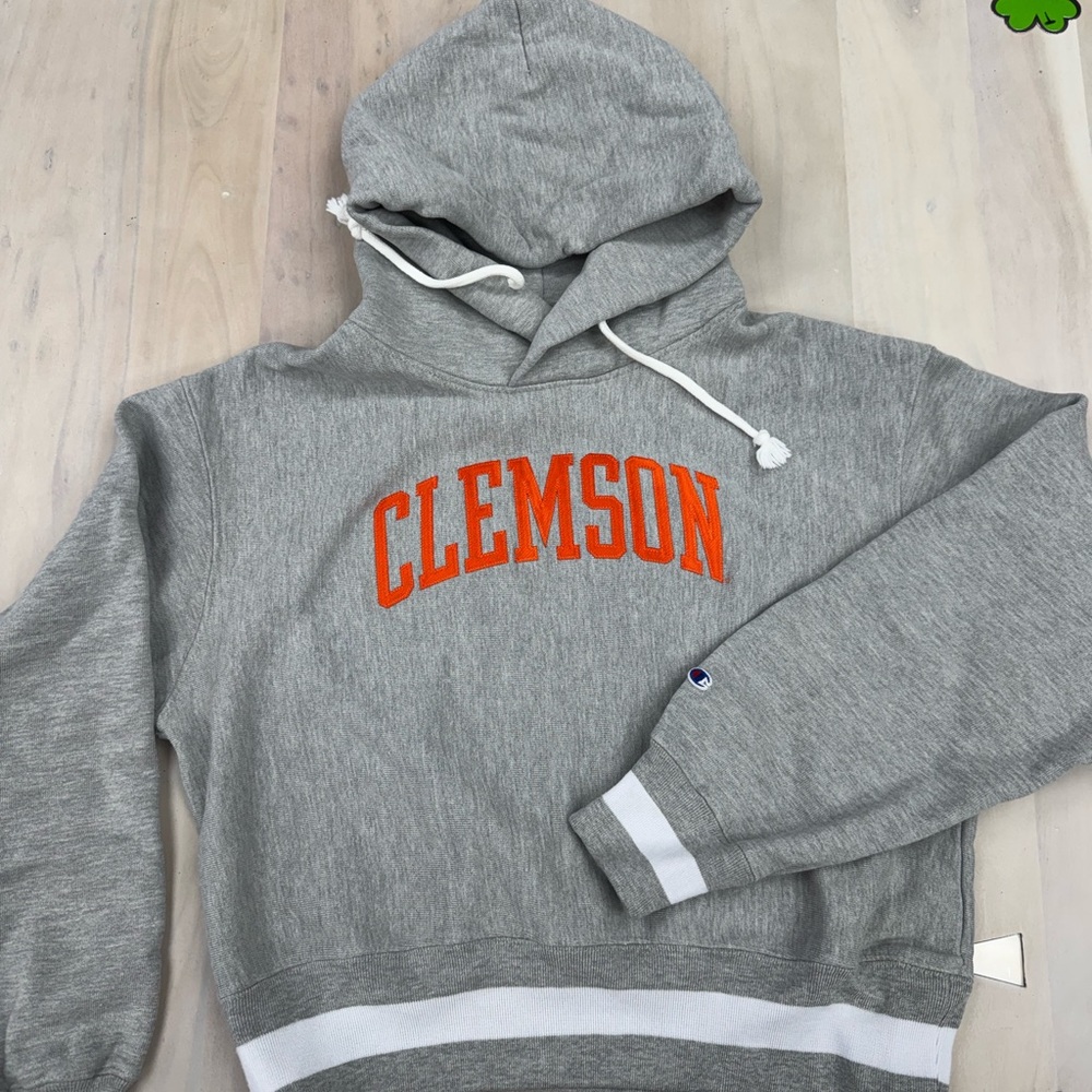 Champion Gray Hoodie with Orange Clemson Arch Logo